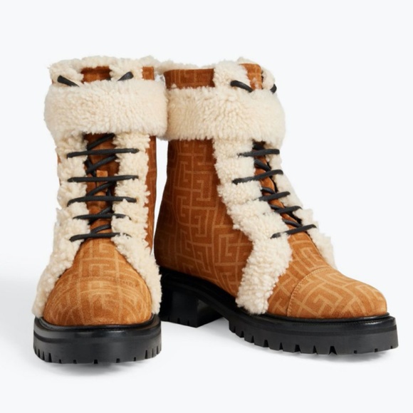 Balmain Shoes - BALMAIN Tan Logo Print Suede & Shearling Ranger Boot - Size 38